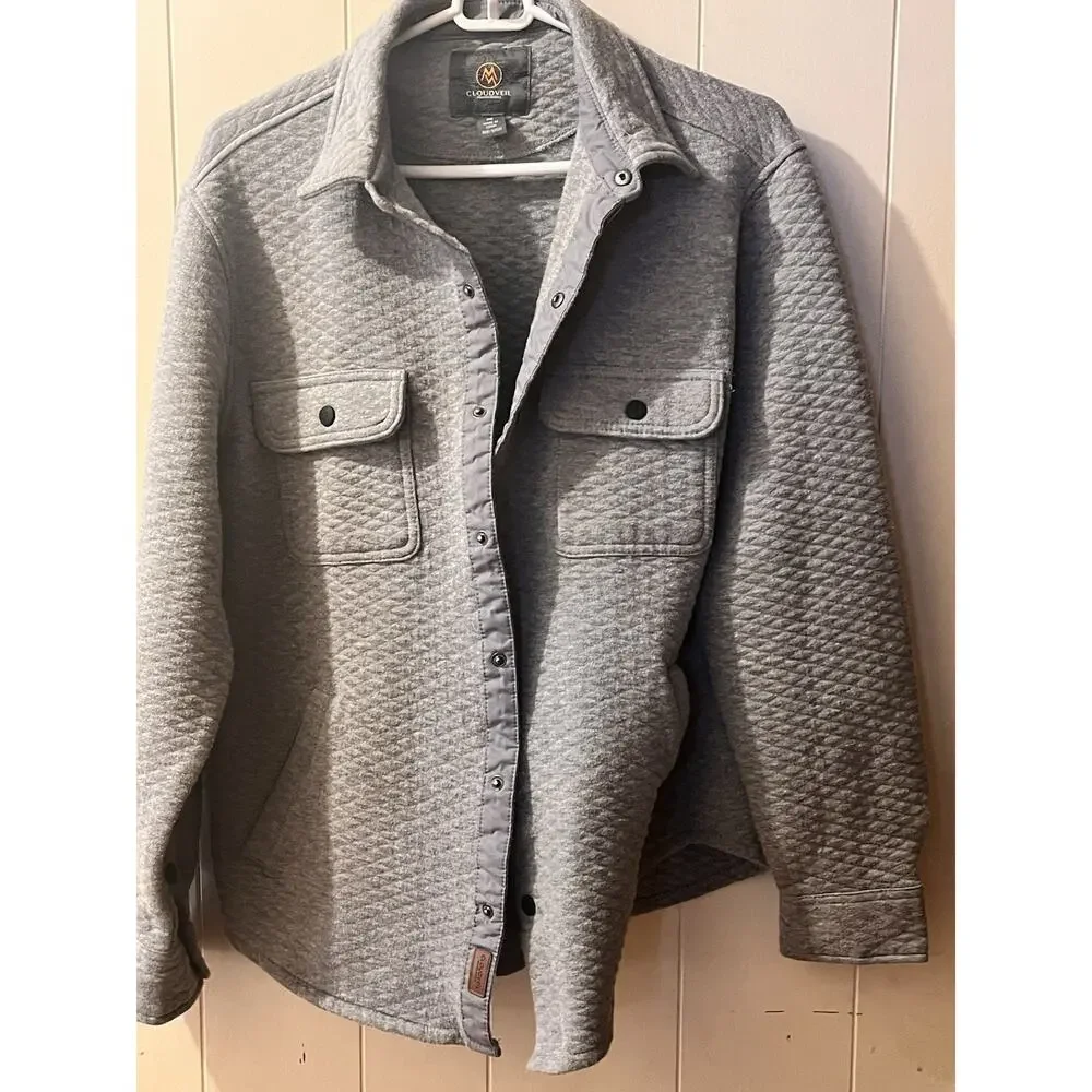 Grey Cloudveil Quilted Jacquard Knit Shirt Jacket Snap Button Medium